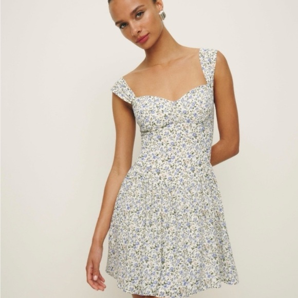 Reformation Taiga Dress - Blue and White Floral Sweetheart Mini - Size 0 - Picture 4 of 7